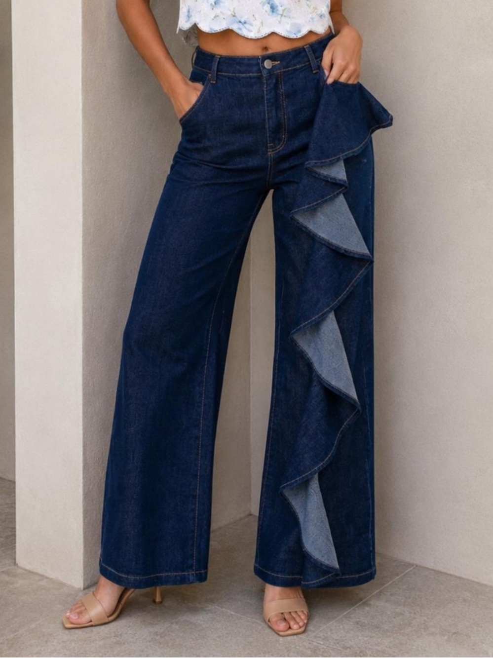 STRETCH Dark Blue Ruffle Wide-Leg Jeans